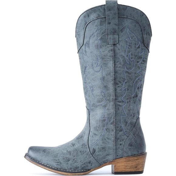 🆕Women Brown Mid Calf Fashion Cowgirl Boots with Embroidery Western Snip Toe - Picture 3 of 6